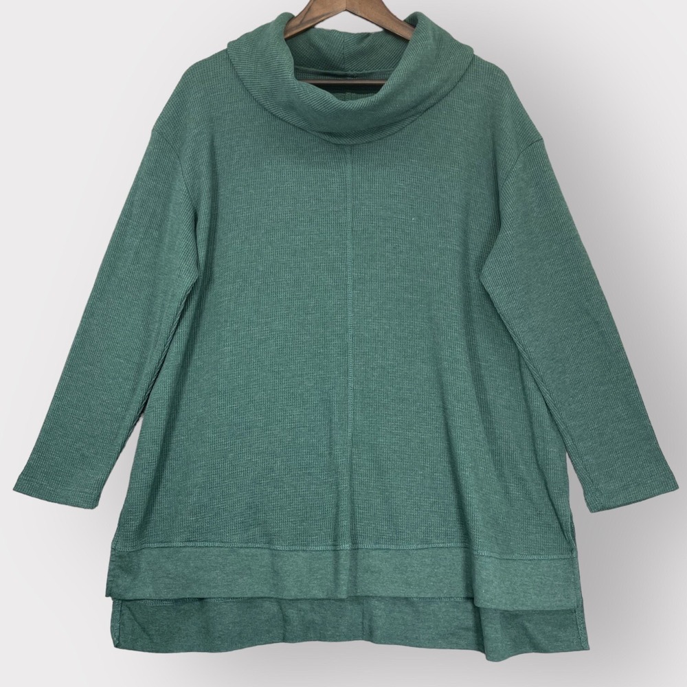 Woman Within Tunic Sweater Womens 18/20 L Green Waffle Cowl Neck High-Low